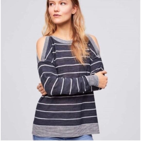 LOFT gray white stripe cold shoulder sweater long sleeve - Picture 1 of 6